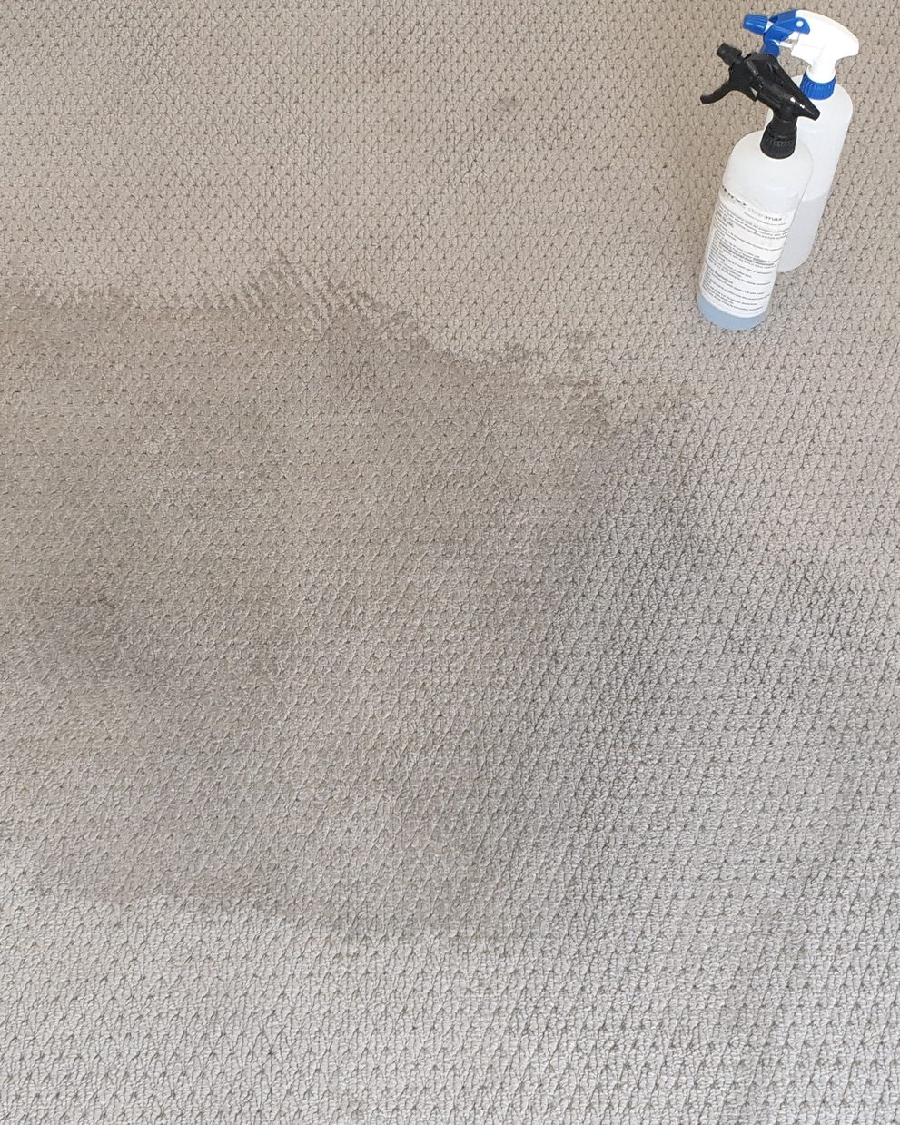 A spill stain across office carpet with our spotting agents ready beside it, carpet stain removal in Perth.