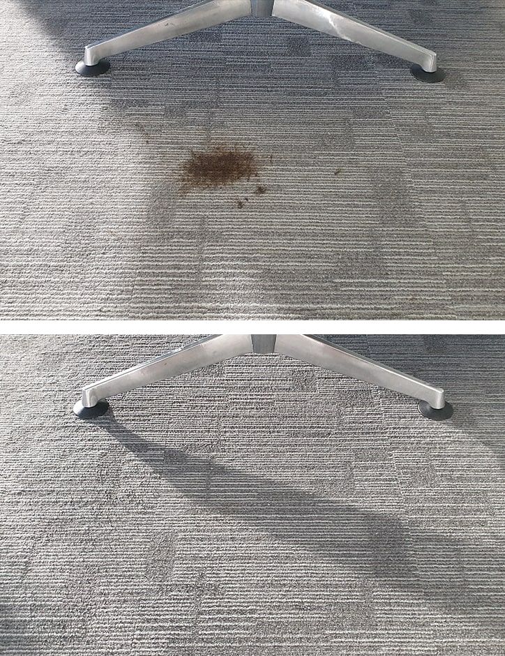 Before and after example of carpet stain removal in Perth city.